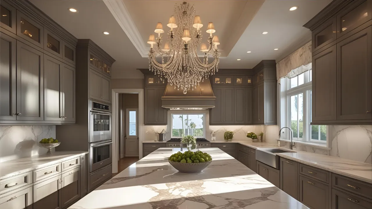 Kitchen with elegant chandelier lighting