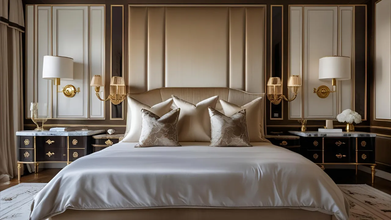Luxurious bedroom with velvet headboard and gold accents