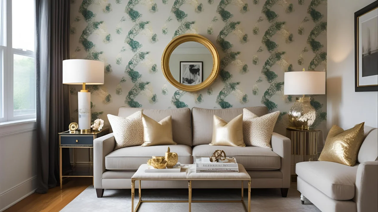 Elegant room with removable wallpaper, modern lighting, and fresh soft furnishings