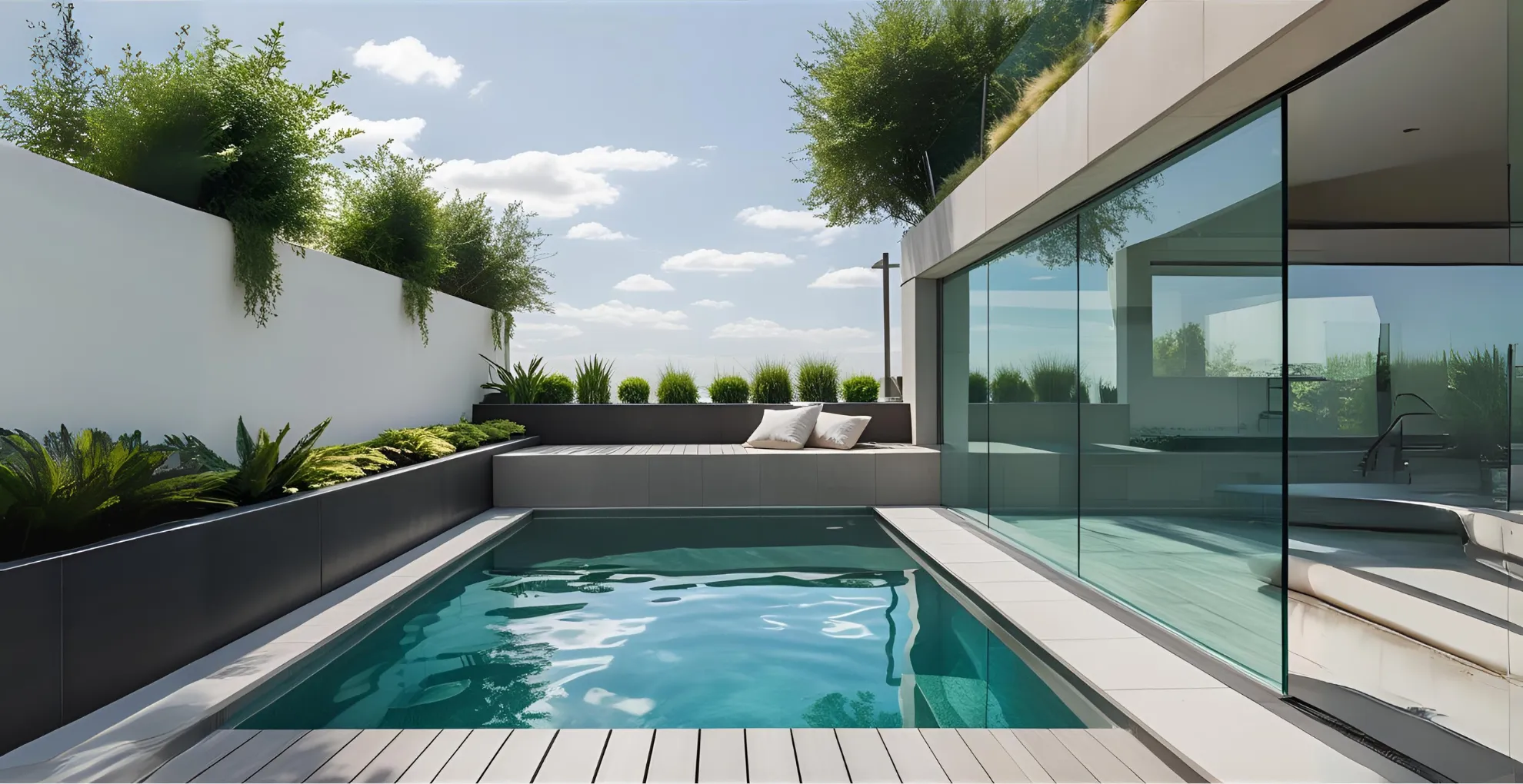 Luxury glass-walled plunge pool with clear water