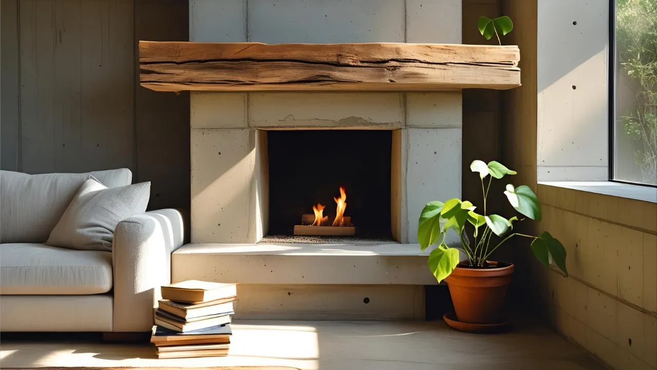 Concrete fireplace with wood mantel and cozy setup.
