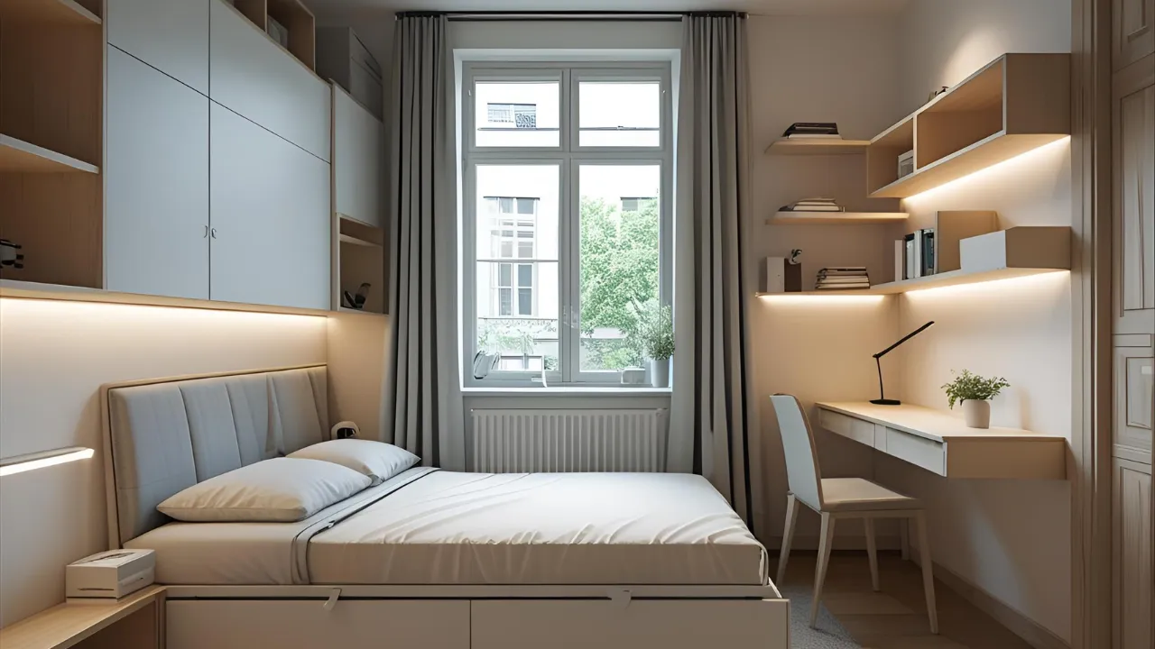 Compact bedroom with smart furniture and open layout
