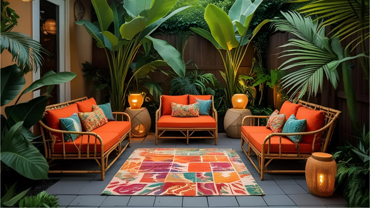 Tropical-inspired patio with plants and bamboo