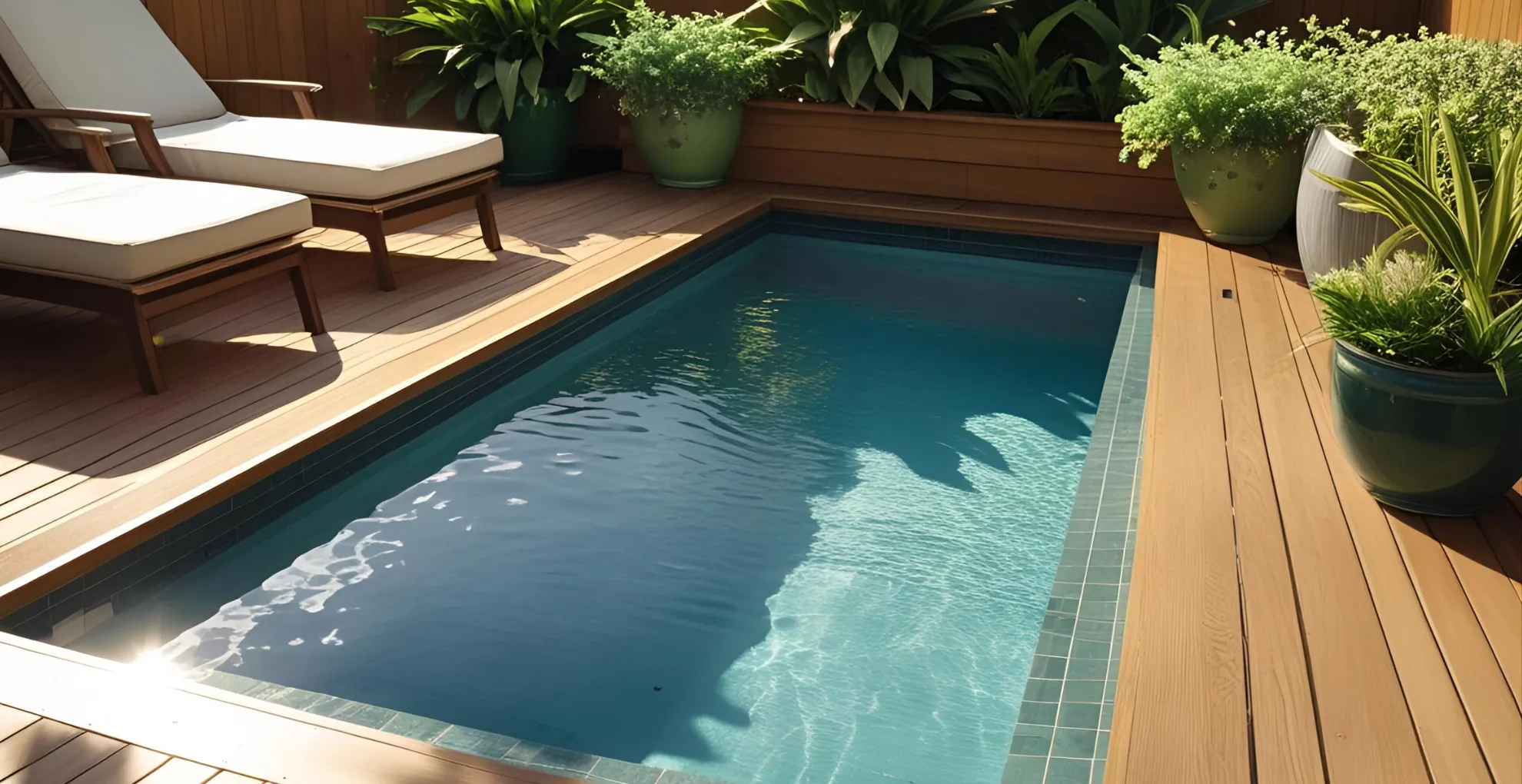 Small pool with wooden decking and lounge chairs