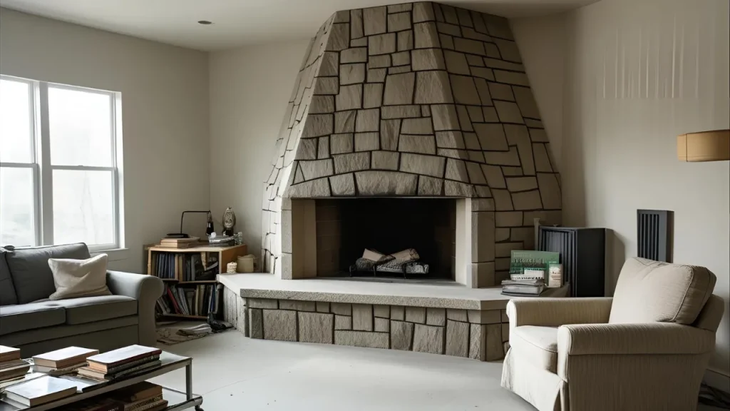 Curved stone fireplace in modern artistic room.