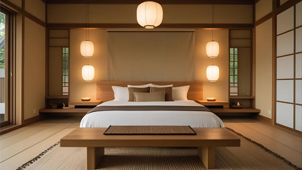 Japandi bedroom with wood bed and balanced decor