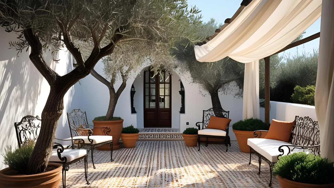 Mediterranean patio with tiles and terracotta