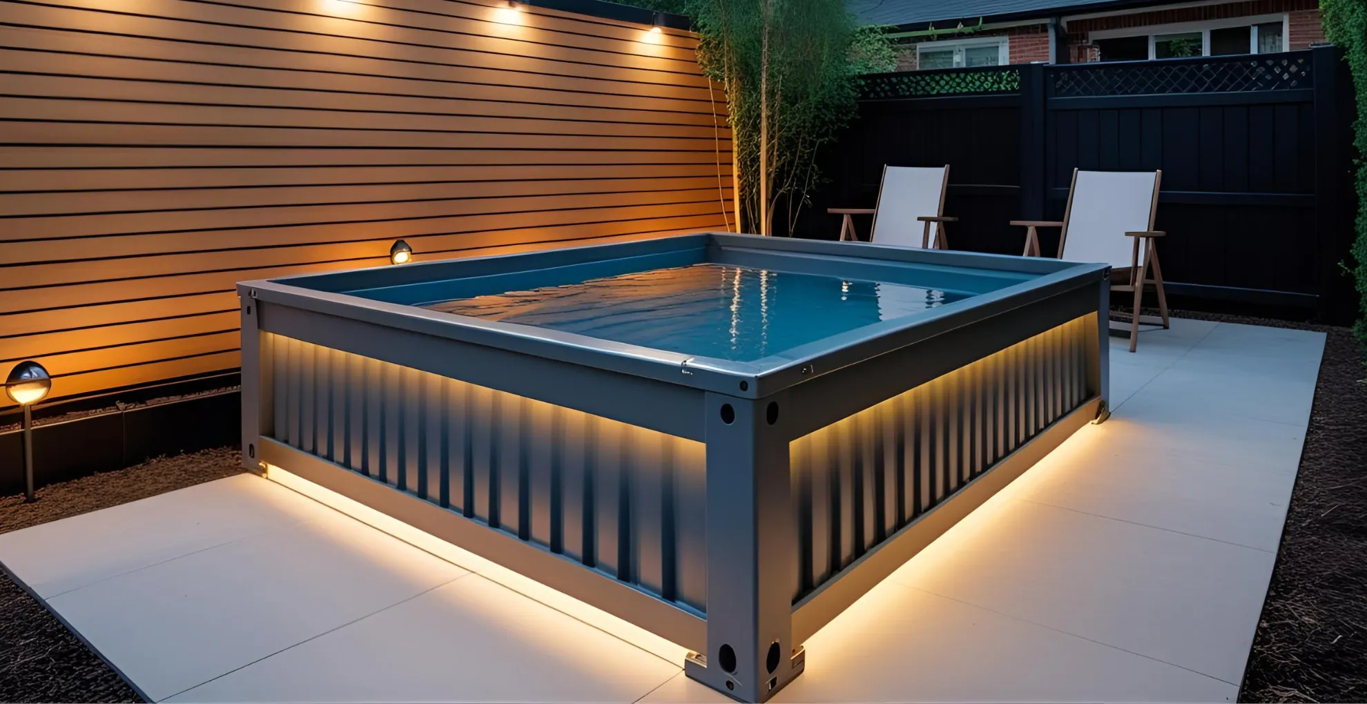 Container-style small pool with wood paneling