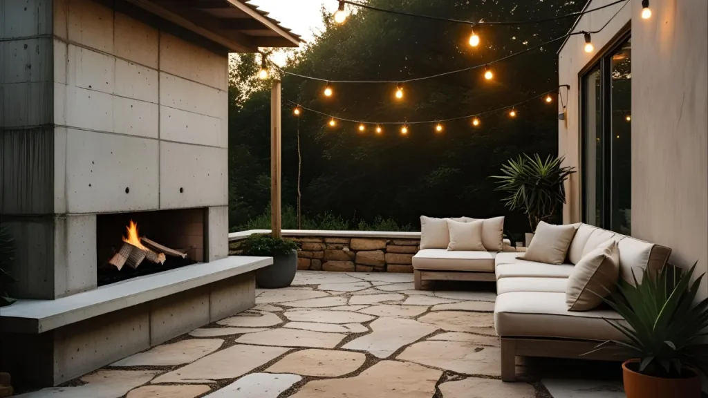 Outdoor concrete fireplace with lounge chairs.