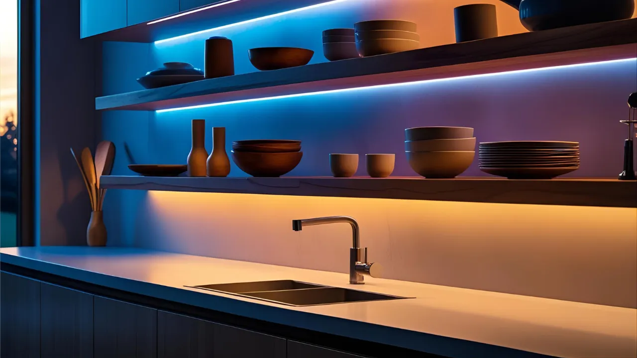 Kitchen with colorful LED accent lights