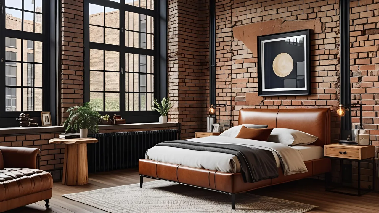 Industrial bedroom with brick wall and dark tones