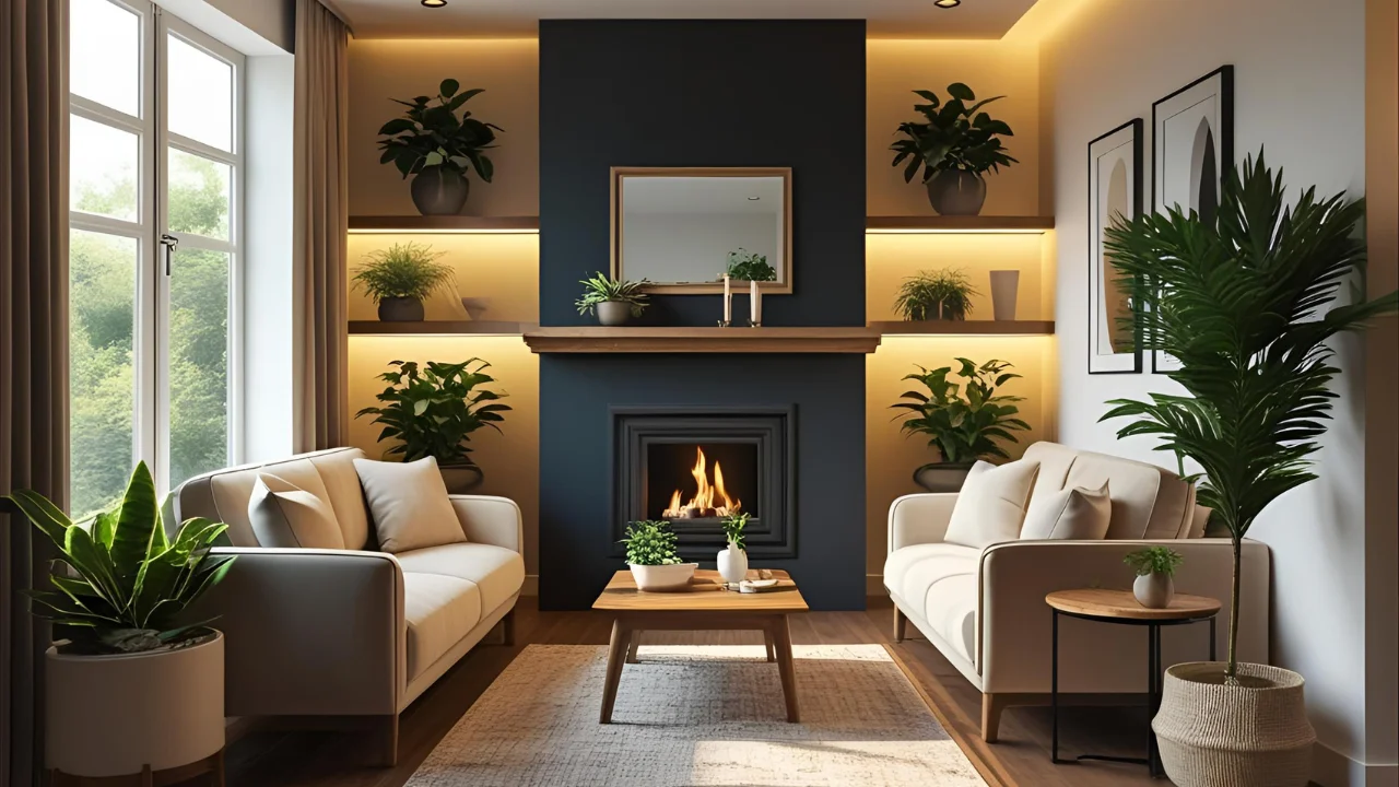Contemporary fireplace with mirror decor and cozy modern furniture setting