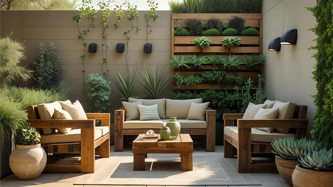 Eco-friendly patio with solar lights and greenery