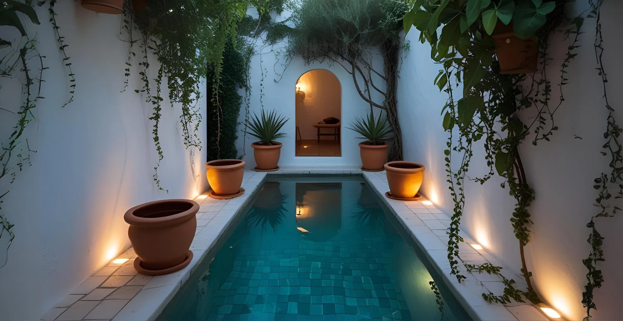 Tiny courtyard pool with potted plants and walls