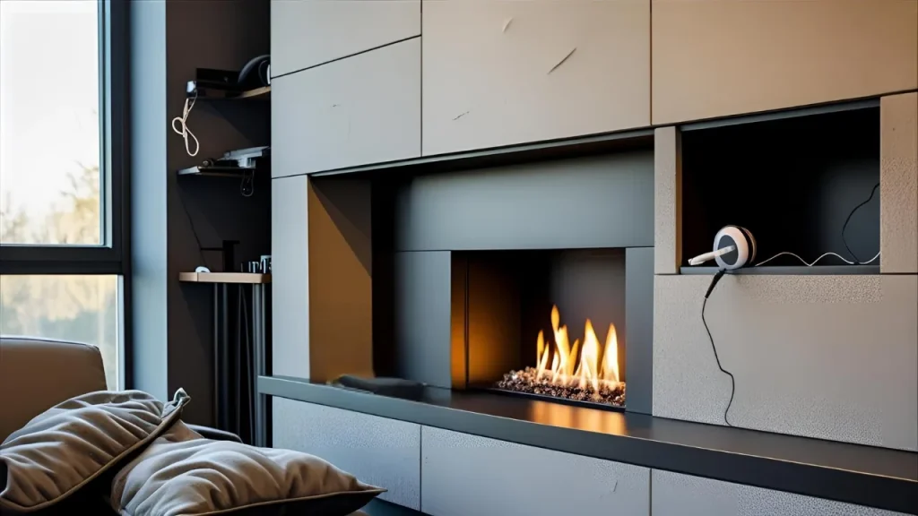 Custom built-in fireplace with open shelves.