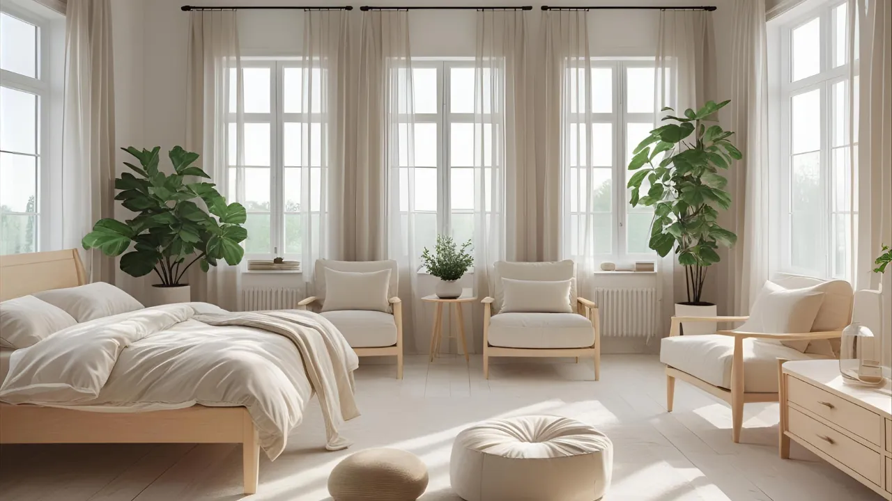 Scandinavian bedroom with soft tones and natural light