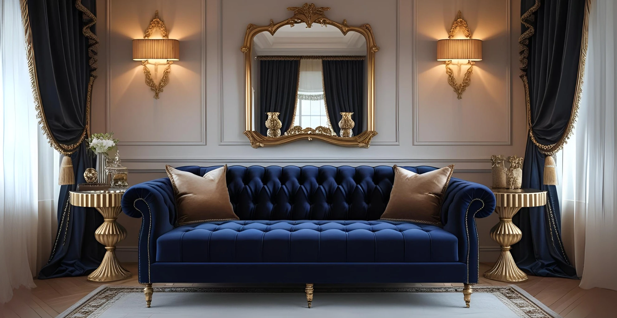 navy tufted sofa