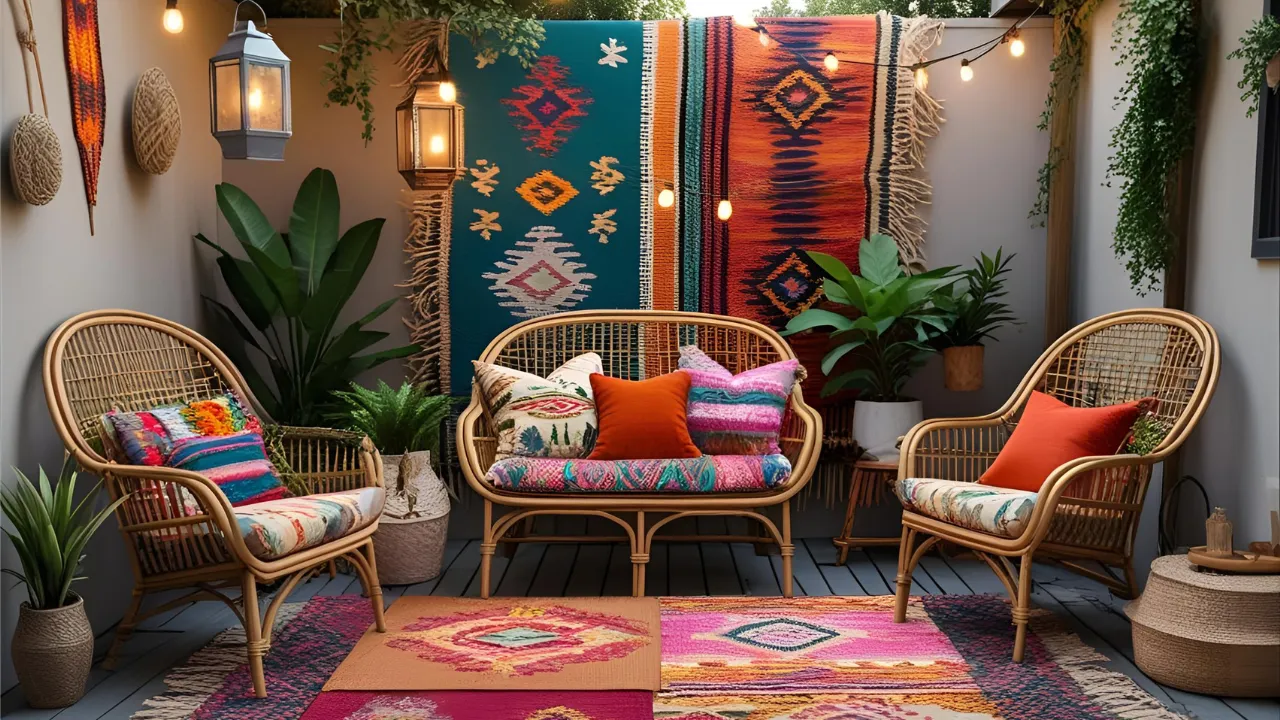 Bohemian patio with rattan and lanterns