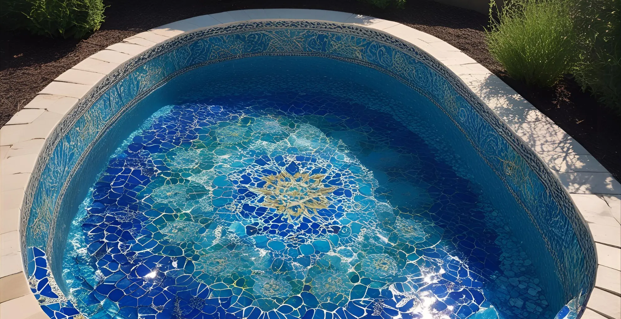 Decorative pool with blue mosaic tile patterns