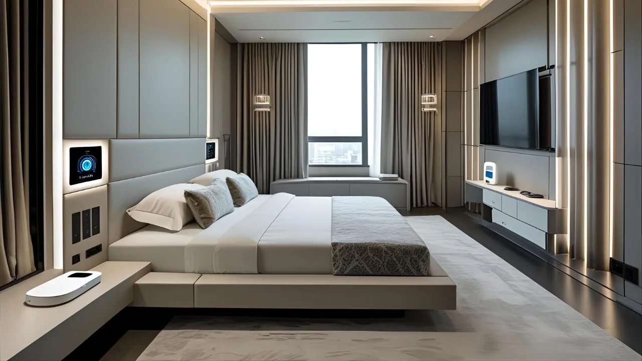 Modern bedroom with hidden lighting and smart features