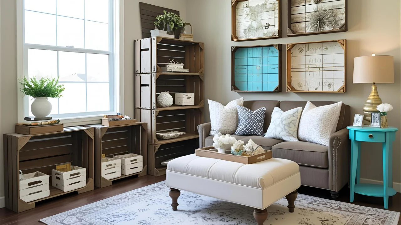 Creative DIY decor with custom shelves and hand-painted side tables