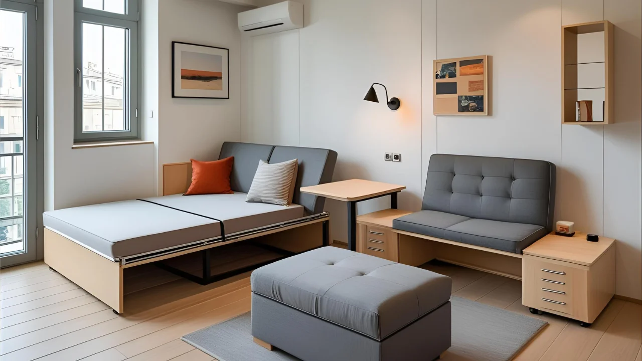 Functional room with convertible sofa, storage ottoman, and wall-mounted desk