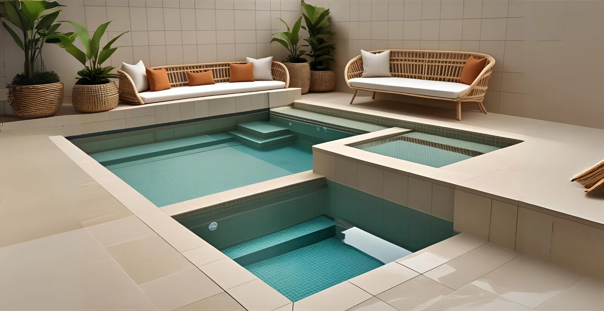 Two-level small pool with sunbathing platform