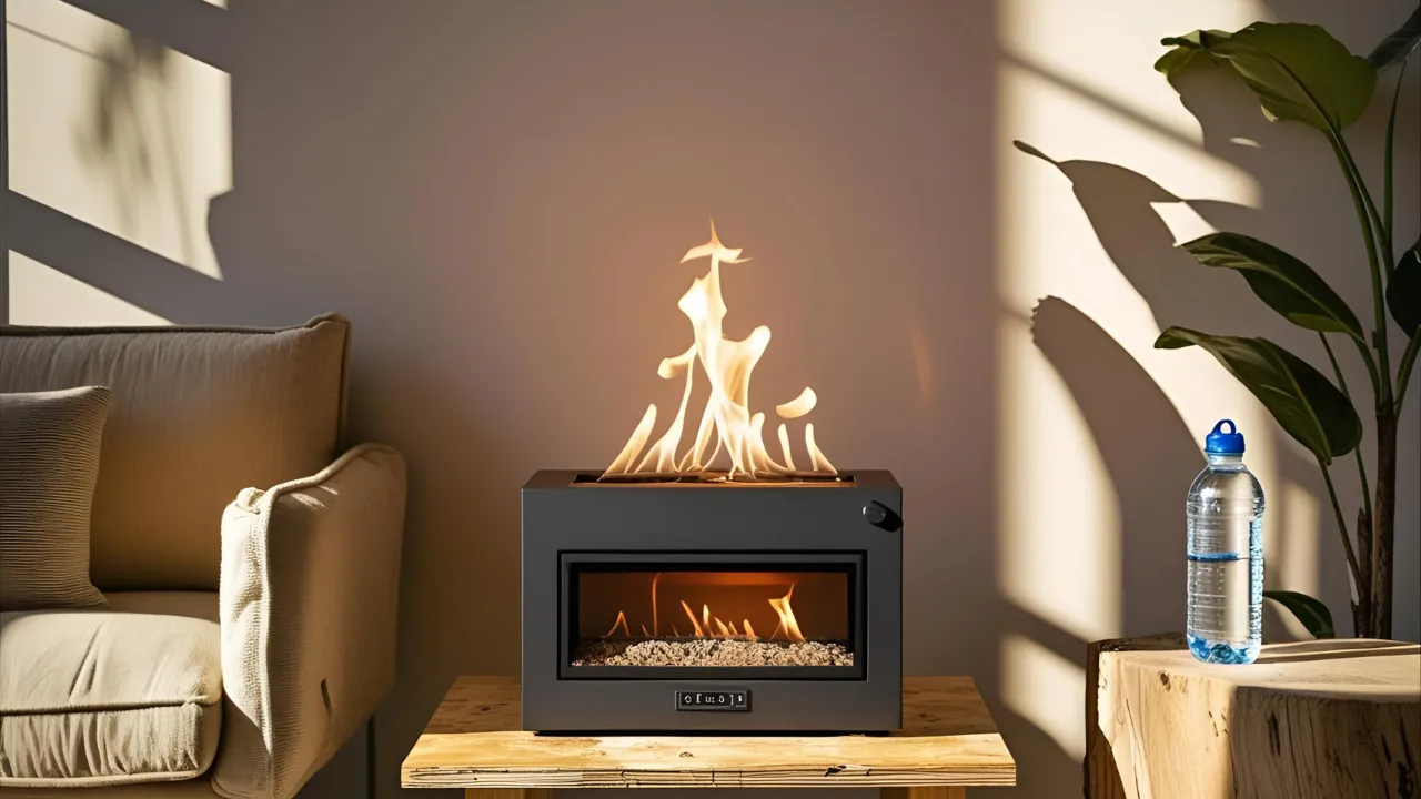 Ethanol fireplace with natural textures and plants.