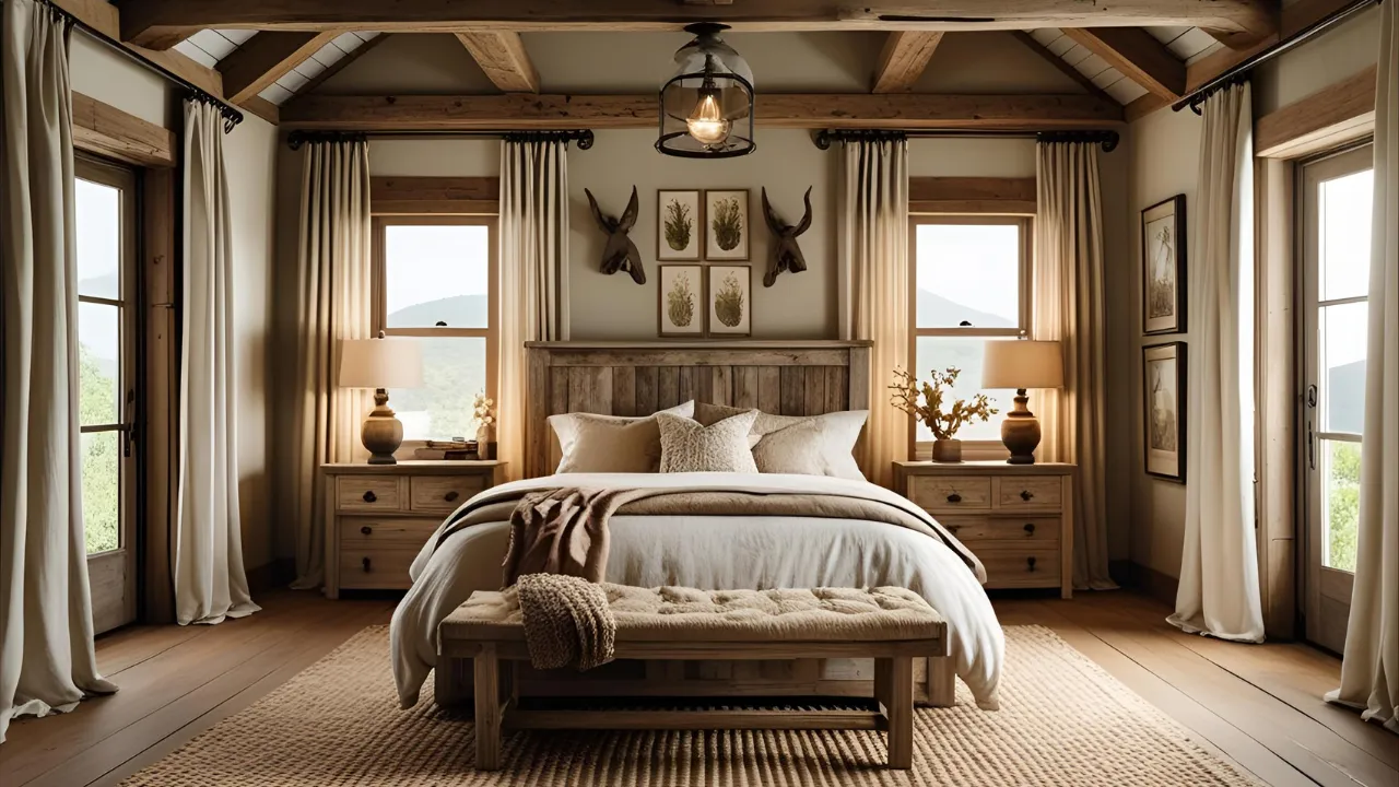 Rustic bedroom with wood beams and linen bedding
