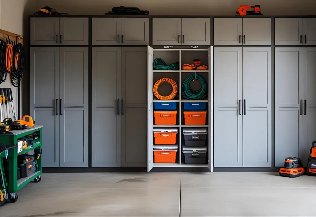 tall garage cabinets with labeled bins


