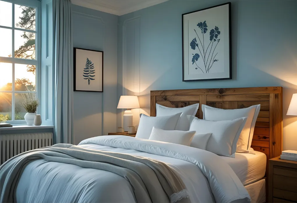 blue and white calm bedroom

