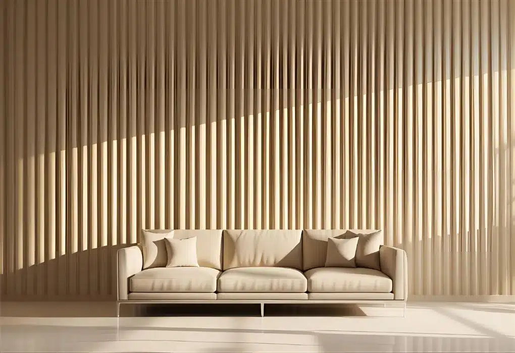 Vertical fluted wall behind sofa