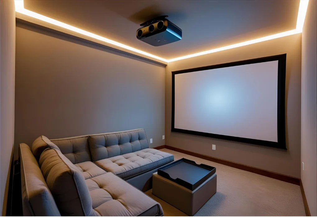 Compact home theater with wall-mounted projector and built-in shelves