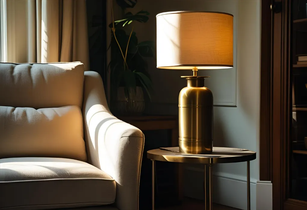 Side table with a lamp adding height and warmth to a modern reading corner