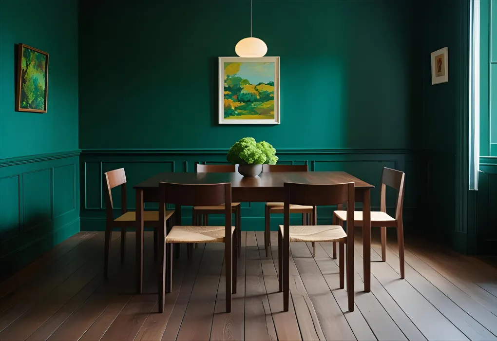 Dining room with emerald walls and wood furniture
