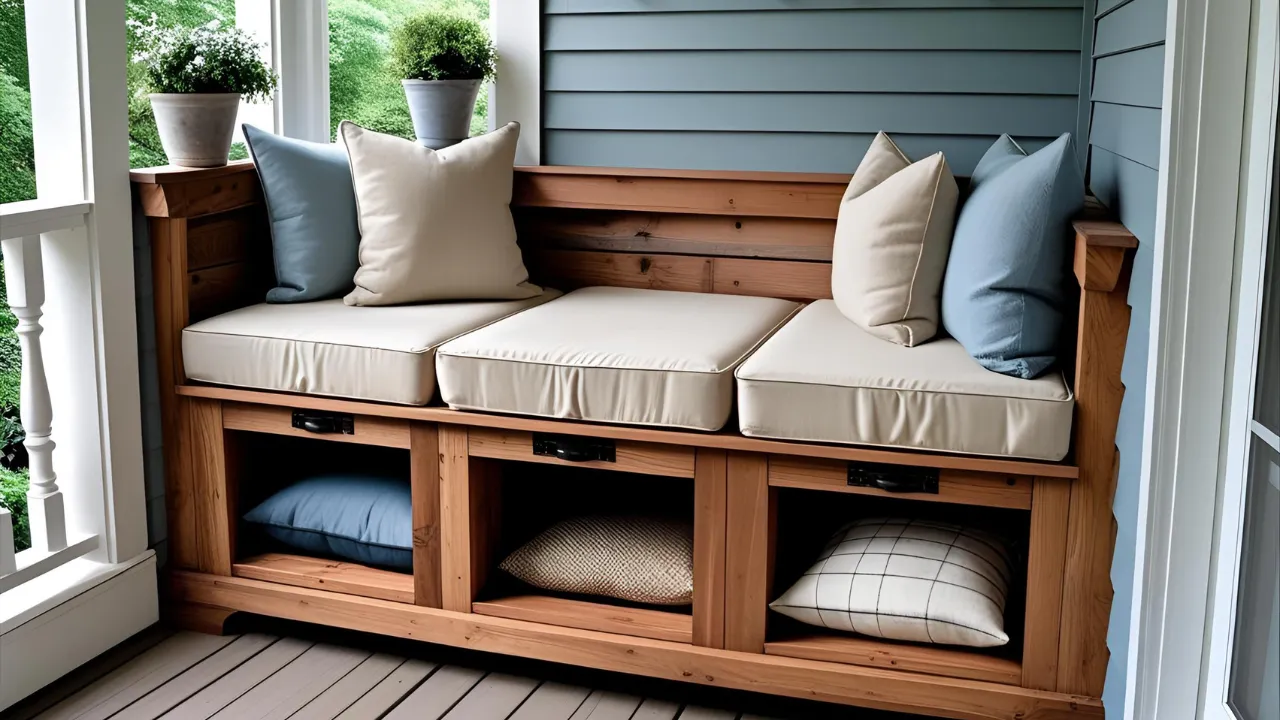 Storage bench on porch