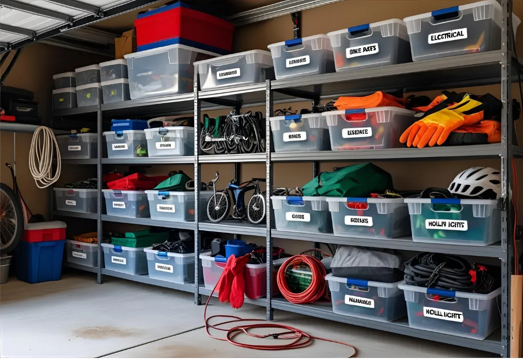 see-through storage bins on shelves

