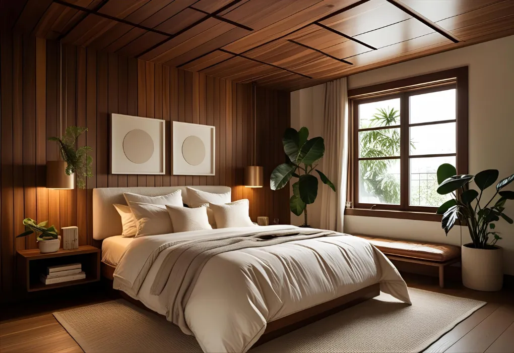 wood panel ceiling in bedroom

