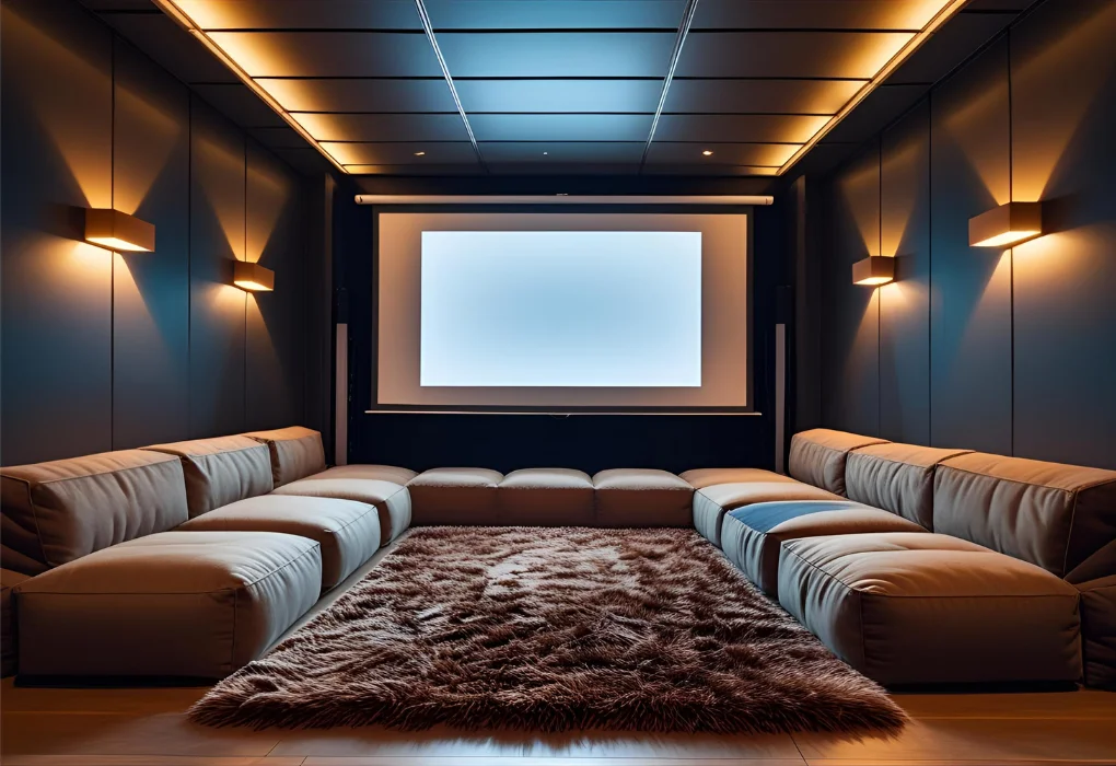Textured rug and sectional couch facing a wall projector screen
