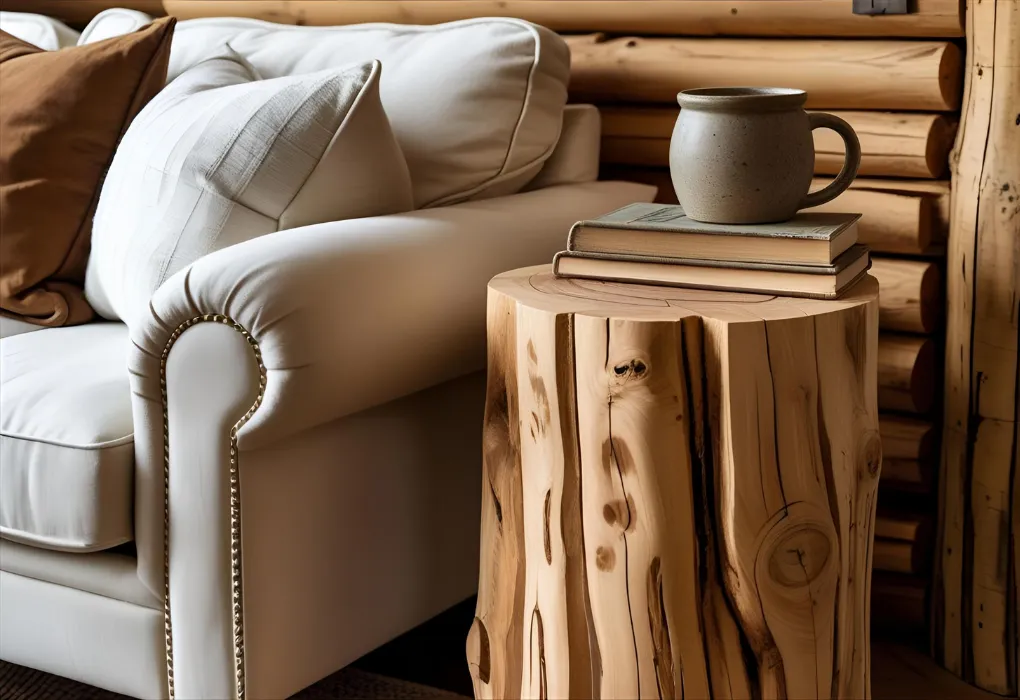 Rustic log side table adding organic texture to the room