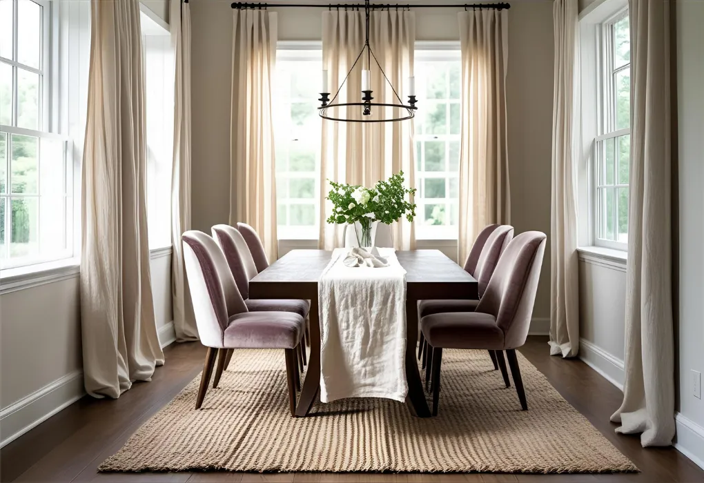 Dining area with layered fabrics and textures
