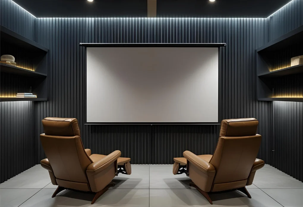 Dark matte wall with mounted screen and theater chairs