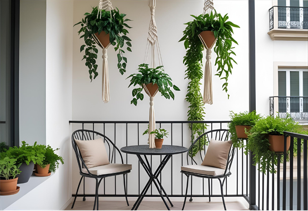 balcony with hanging plants