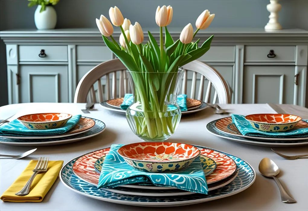 Dining table with colorful tableware setup