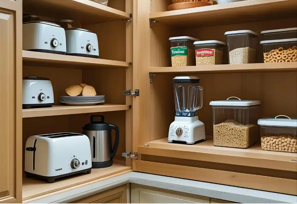 Pantry with appliances and food items
