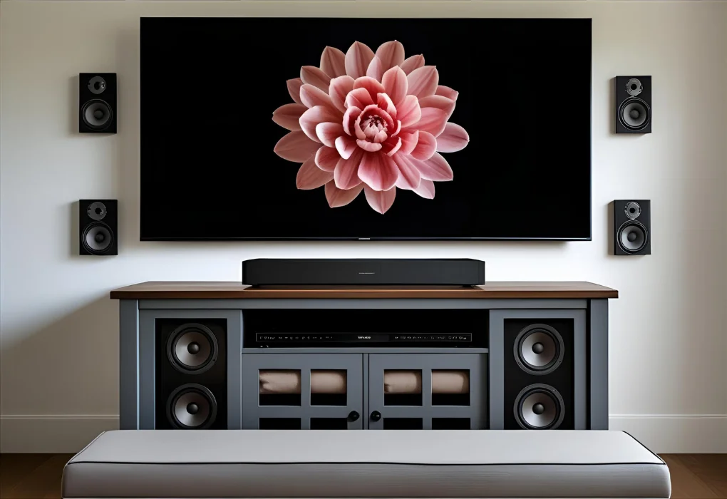 Soundbar and subwoofer under LED TV with cushioned bench seating