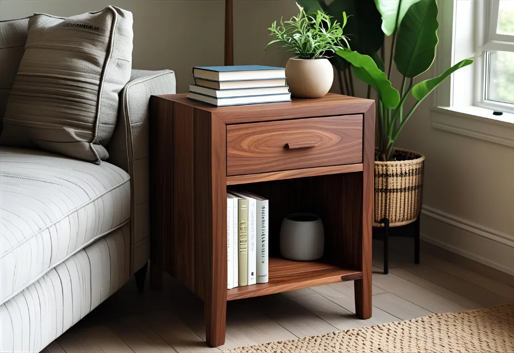 Functional storage side table with drawer and books