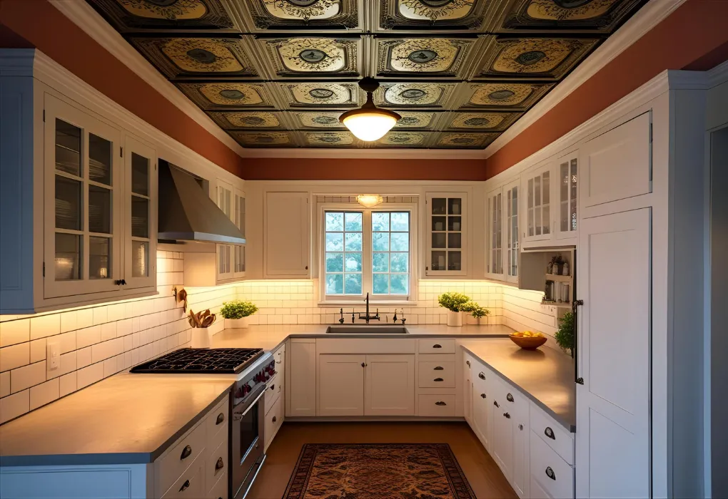 tin ceiling in vintage kitchen

