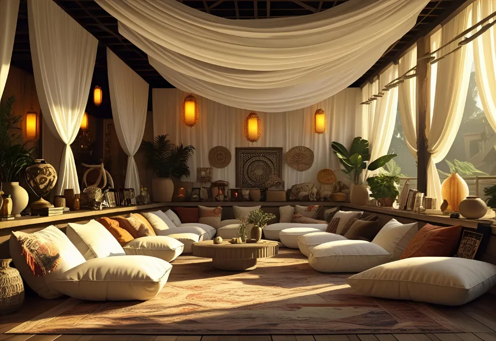 fabric draped ceiling in lounge

