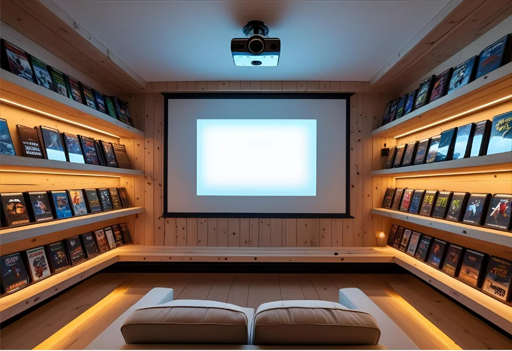 Floating DVD shelves below a ceiling projector screen